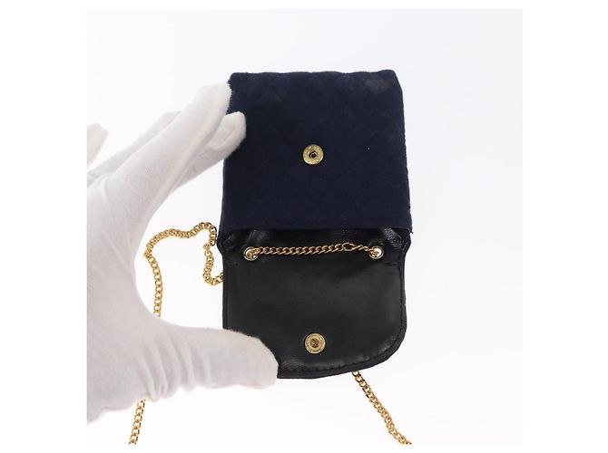 CHANEL Mini Matelassé Borsa a Catena Cotone Blu Navy Oro CC Auth bs31449 D'oro - vista 10