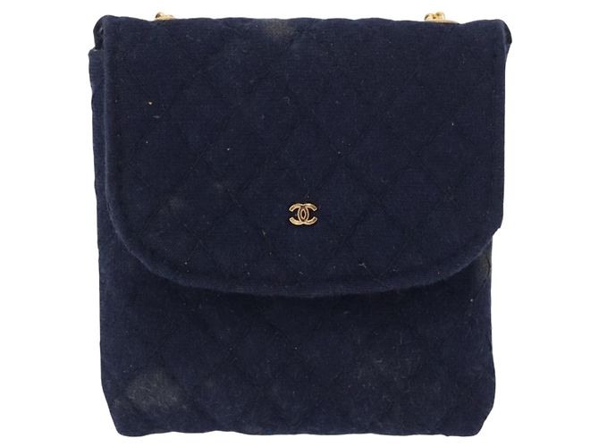 CHANEL Mini Matelassé Borsa a Catena Cotone Blu Navy Oro CC Auth bs31449 D'oro - vista 13