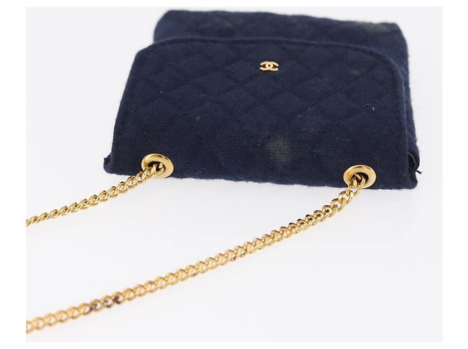 CHANEL Mini Matelassé Borsa a Catena Cotone Blu Navy Oro CC Auth bs31449 D'oro - vista 6