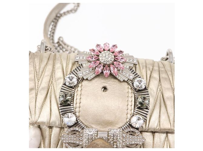 Borsa a Spalla in Pelle Matelassé Miu Miu con Catena Champagne Oro Argento Auth bs31411 D'oro - vista 10
