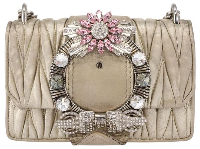 Borsa a Spalla in Pelle Matelassé Miu Miu con Catena Champagne Oro Argento Auth bs31411 D'oro - vista 13