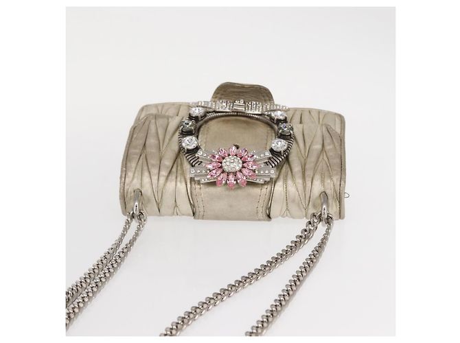 Borsa a Spalla in Pelle Matelassé Miu Miu con Catena Champagne Oro Argento Auth bs31411 D'oro - vista 6