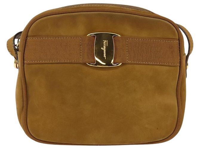 Borsa a Spalla Vala in Pelle Scamosciata Marrone Oro Auth BA6379 di Salvatore Ferragamo - vista 13