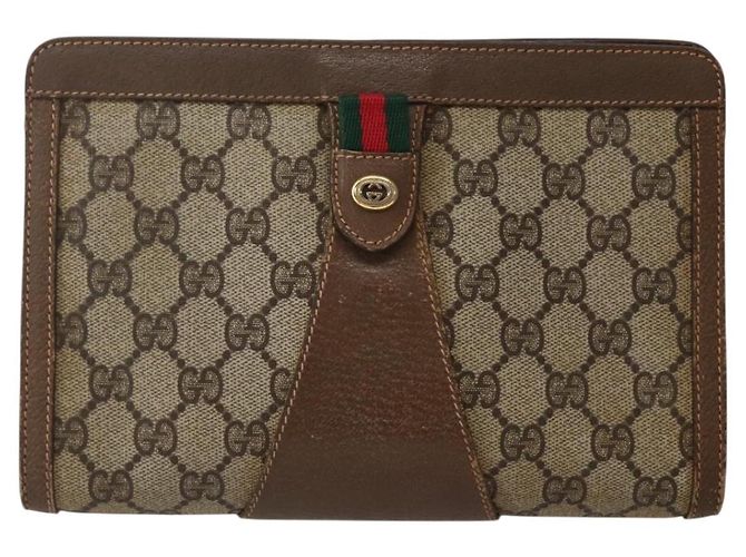 GUCCI GG Supreme Borsa Clutch Sherry Line PVC Beige Oro 89 01 032 Auth 143928 D'oro - vista 13