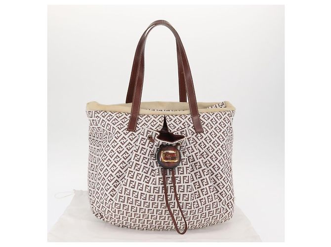 FENDI Zucchino Canvas Tote Bag Weiß Braun Auth 146551V - Ansicht 12