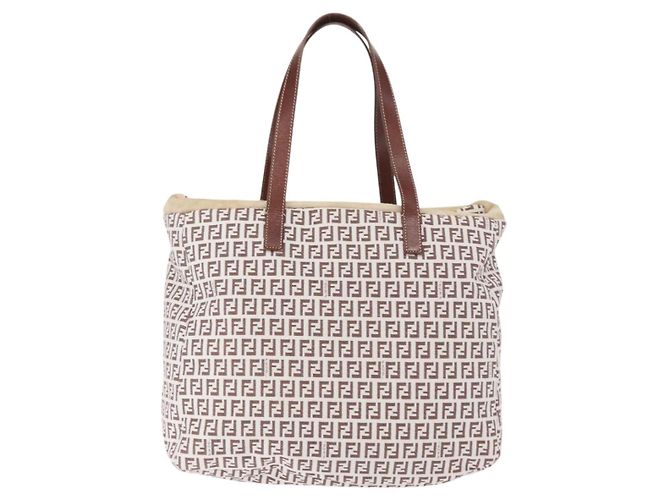FENDI Zucchino Canvas Tote Bag Weiß Braun Auth 146551V - Ansicht 2