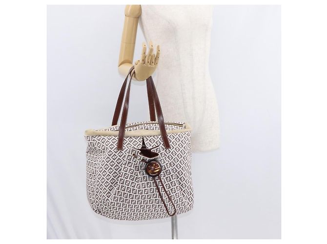 FENDI Zucchino Canvas Tote Bag Weiß Braun Auth 146551V - Ansicht 24
