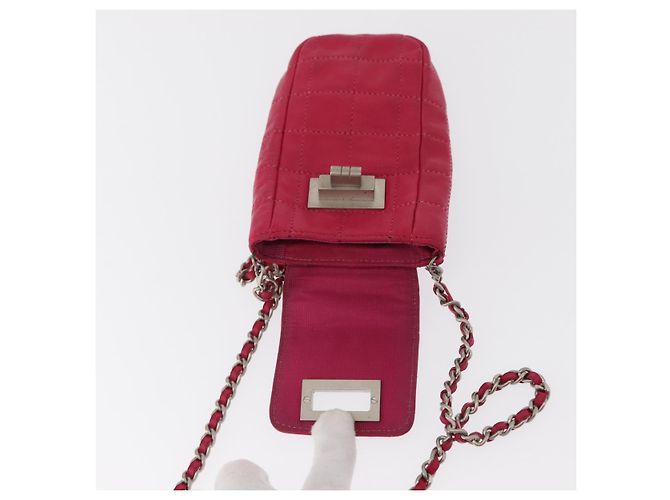CHANEL Bolsa de Ombro Choco Bar em Couro Rosa Prata com Corrente e CC Auth BA8714 - vista 18