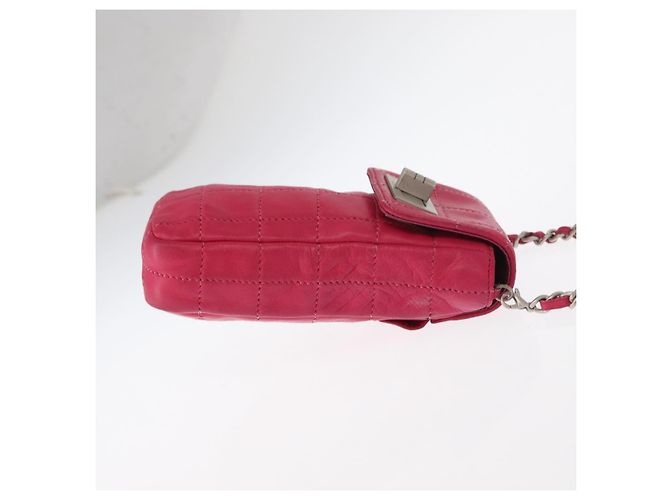 CHANEL Bolsa de Ombro Choco Bar em Couro Rosa Prata com Corrente e CC Auth BA8714 - vista 4