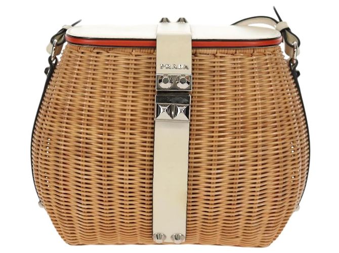 Borsa Cesta PRADA in vimini pelle bianca beige argento autentica mr1668SAM Bianco - vista 2