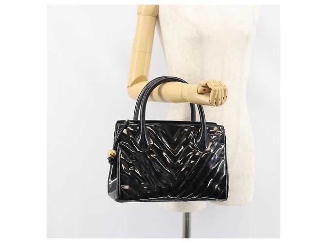 CHANEL Borsa a Mano V Stitch Smalto Nero Oro CC Auth BA8975 D'oro - vista 23