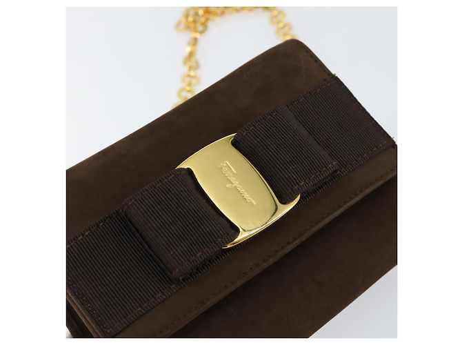 Borsa a Spalla Vala Chain in Camoscio Marrone Oro Auth BA8244 di Salvatore Ferragamo - vista 14