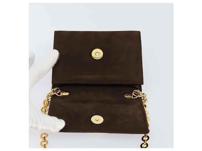Borsa a Spalla Vala Chain in Camoscio Marrone Oro Auth BA8244 di Salvatore Ferragamo - vista 15
