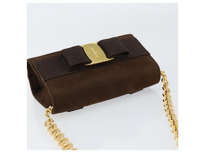 Borsa a Spalla Vala Chain in Camoscio Marrone Oro Auth BA8244 di Salvatore Ferragamo - vista 6