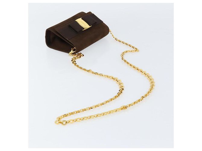 Borsa a Spalla Vala Chain in Camoscio Marrone Oro Auth BA8244 di Salvatore Ferragamo - vista 7