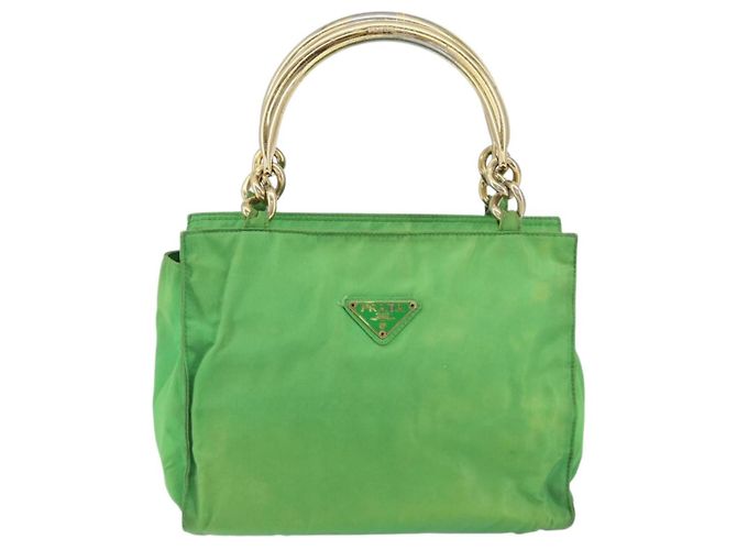Borsa Tote PRADA Nylon Verde Oro Auth 153035 D'oro - vista 2