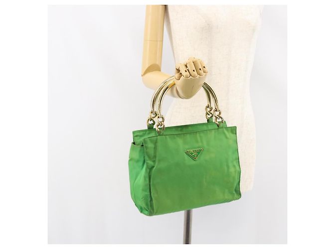 Borsa Tote PRADA Nylon Verde Oro Auth 153035 D'oro - vista 23