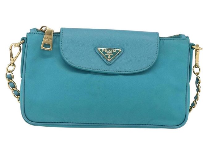 PRADA Borsa a Spalla con Catena Nylon Blu Turchese Oro Auth 156453V D'oro - vista 13