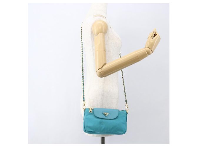 PRADA Borsa a Spalla con Catena Nylon Blu Turchese Oro Auth 156453V D'oro - vista 27