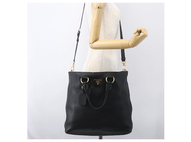 PRADA Handtasche Leder 2-Wege Schwarz Gold Auth mr1569 Golden - Ansicht 30