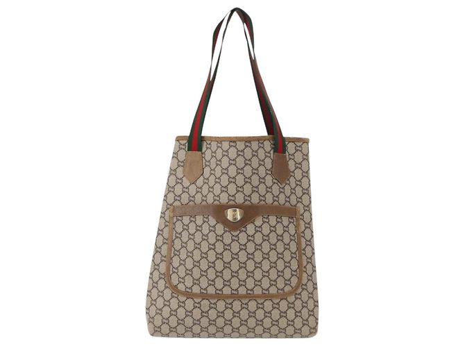 GUCCI GG Plus Supreme Web Sherry Line Tote Bag PVC Beige Red Green Auth ka315 - view 13