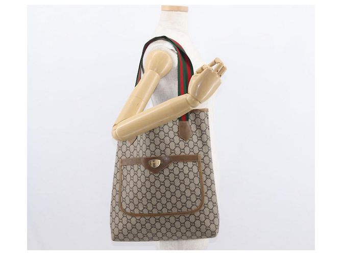 GUCCI GG Plus Supreme Web Sherry Line Tote Bag PVC Beige Red Green Auth ka315 - view 20