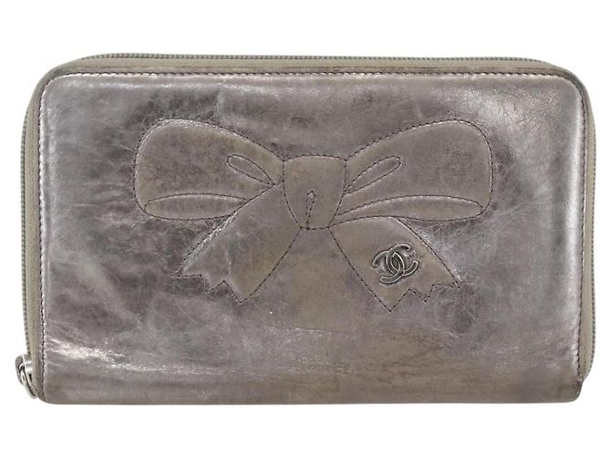 CHANEL Langer Geldbeutel Leder Silber CC Auth 153323 - Ansicht 13