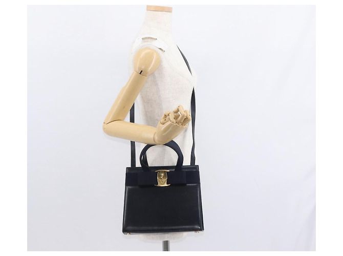 Borsa a mano in pelle Salvatore Ferragamo Vala 2 in 1 Blu Navy Oro Auth BA8399 - vista 24