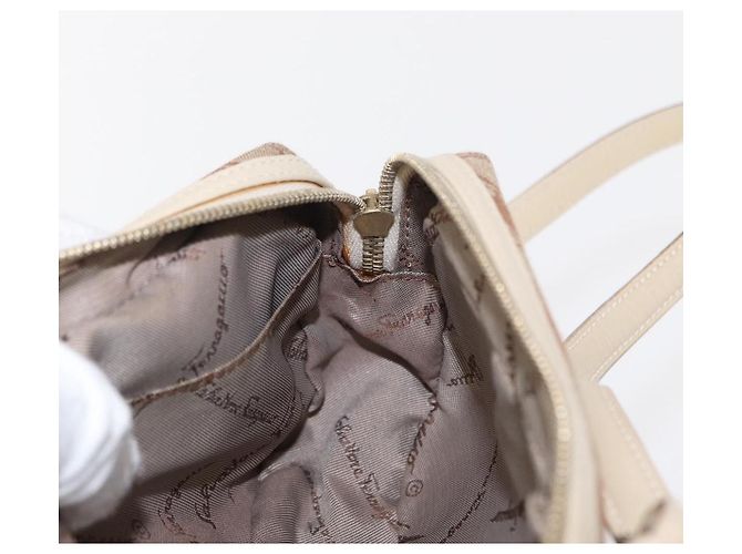 Borsa a Spalla Gancini Salvatore Ferragamo in Tela Pelle Beige Oro Auth BA7672 D'oro - vista 17