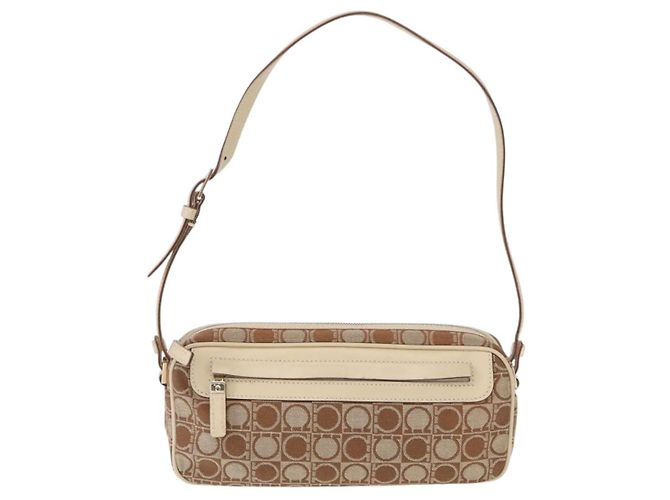 Borsa a Spalla Gancini Salvatore Ferragamo in Tela Pelle Beige Oro Auth BA7672 D'oro - vista 2