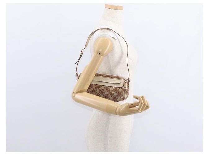 Borsa a Spalla Gancini Salvatore Ferragamo in Tela Pelle Beige Oro Auth BA7672 D'oro - vista 20
