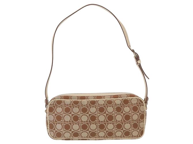 Borsa a Spalla Gancini Salvatore Ferragamo in Tela Pelle Beige Oro Auth BA7672 D'oro - vista 3