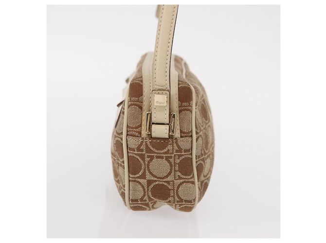 Borsa a Spalla Gancini Salvatore Ferragamo in Tela Pelle Beige Oro Auth BA7672 D'oro - vista 4