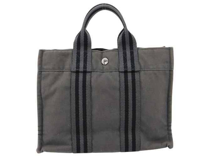 Hermès HERMES Fourre ToutPM Bolsa de Mano de Lona Gris Plata Auth 154596 Castaño - vista 2