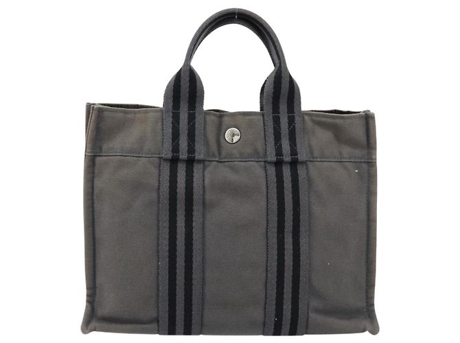 Hermès HERMES Fourre ToutPM Bolsa de Mano de Lona Gris Plata Auth 154596 Castaño - vista 3
