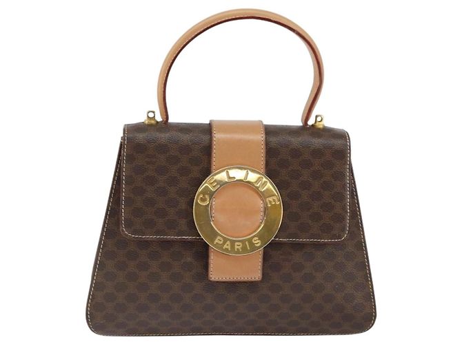 Céline Bolso de mano de lona Macadam Circle CELINE en cuero PVC marrón dorado Auth 149189 Castaño - vista 13