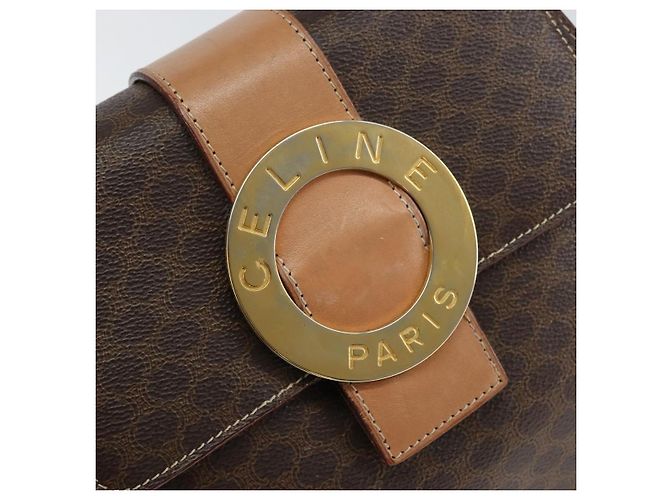 Céline Bolso de mano de lona Macadam Circle CELINE en cuero PVC marrón dorado Auth 149189 Castaño - vista 17