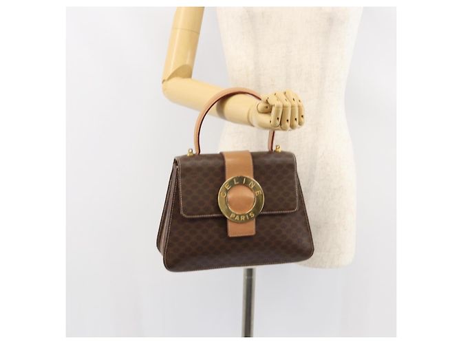 Céline Bolso de mano de lona Macadam Circle CELINE en cuero PVC marrón dorado Auth 149189 Castaño - vista 22