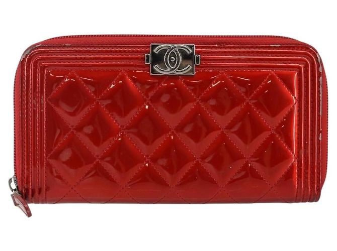 CHANEL Boy Chanel Lange Geldbörse Lackleder Rot Silber CC Auth 143150 - Ansicht 13