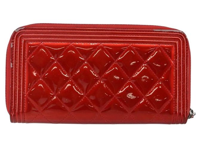 CHANEL Boy Chanel Lange Geldbörse Lackleder Rot Silber CC Auth 143150 - Ansicht 2
