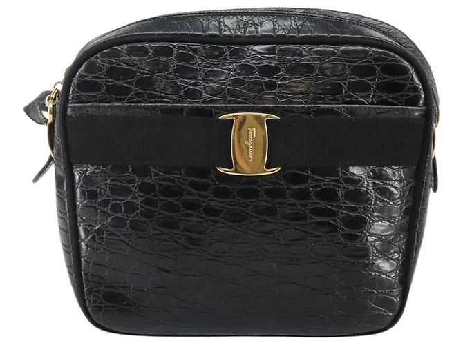 Borsa a Spalla Vala in Pelle Embossed Nera e Oro Auth BA6288 di Salvatore Ferragamo Nero D'oro - vista 13