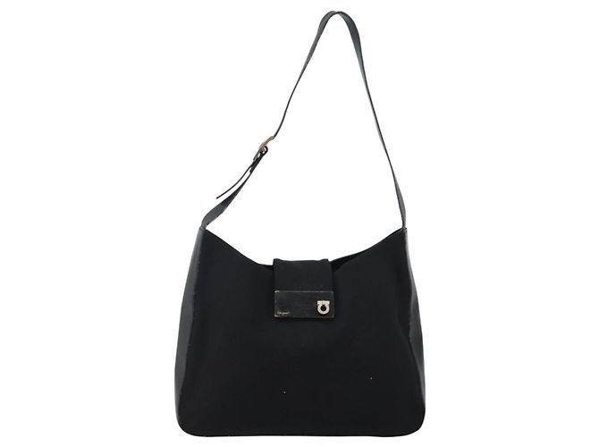 Bolso de Hombro Gancini de Nylon Negro y Plata de Salvatore Ferragamo Auth hk2985 - vista 13