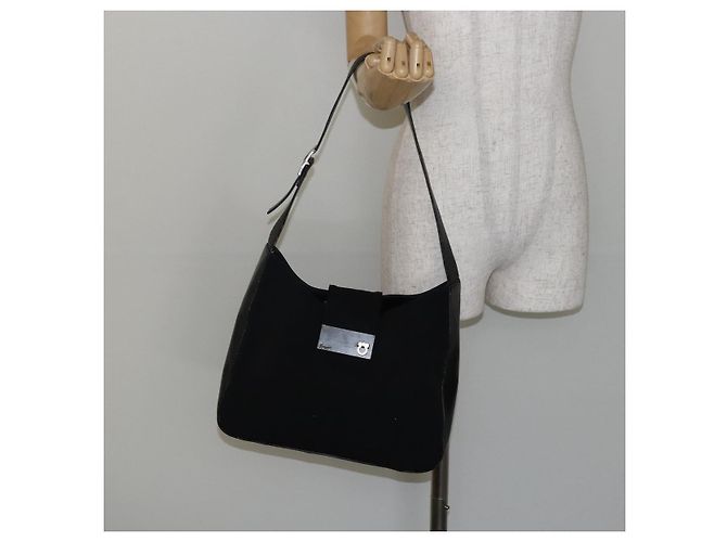 Bolso de Hombro Gancini de Nylon Negro y Plata de Salvatore Ferragamo Auth hk2985 - vista 22