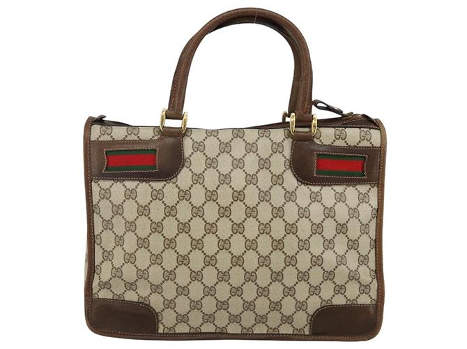 Bolsa de mão GUCCI GG Supreme Web Sherry Line PVC Bege Ouro Vermelho Auth BA6243 Dourado - vista 2