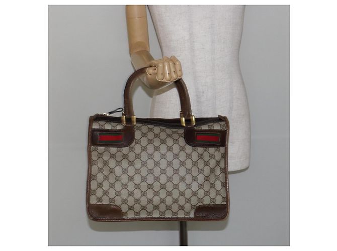 Bolsa de mão GUCCI GG Supreme Web Sherry Line PVC Bege Ouro Vermelho Auth BA6243 Dourado - vista 20