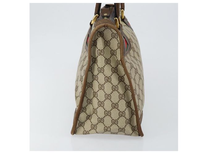 Bolsa de mão GUCCI GG Supreme Web Sherry Line PVC Bege Ouro Vermelho Auth BA6243 Dourado - vista 3