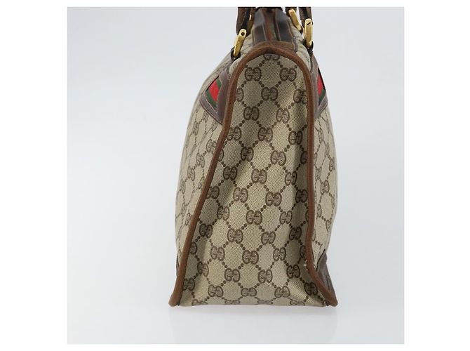 Bolsa de mão GUCCI GG Supreme Web Sherry Line PVC Bege Ouro Vermelho Auth BA6243 Dourado - vista 4
