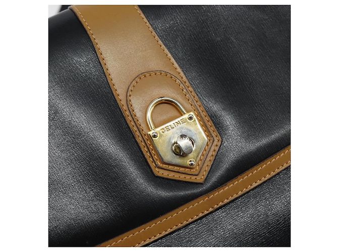Céline Bolso de Hombro de Cuero Negro y Dorado Auth BA6127 - vista 17