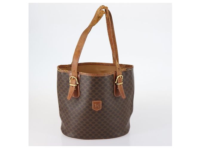Céline Borsa a tracolla CELINE C Macadam Canvas PVC Leather 3 Set Brown Gold Auth 142449 Marrone D'oro - vista 16