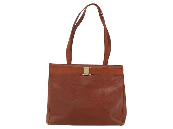 Borsa Tote Vala in pelle embossata Salvatore Ferragamo marrone oro Auth gh1259 - vista 2